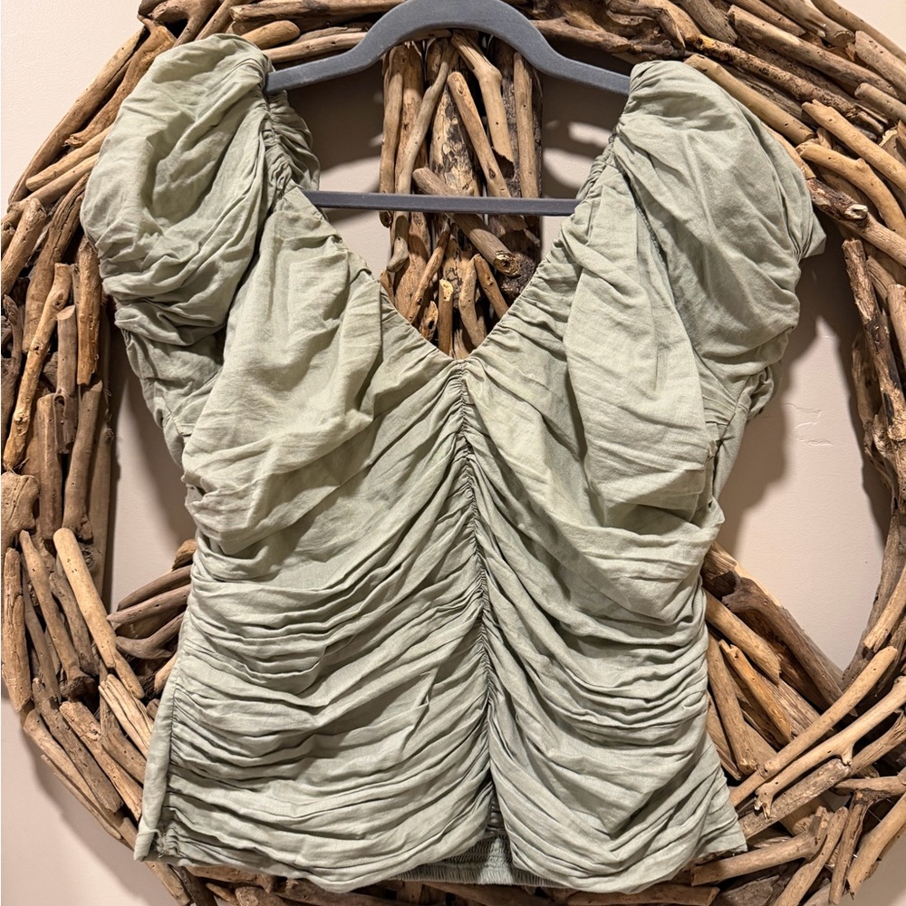 Abercrombie & Fitch Sage Green Ruched Puff-Sleeve Top